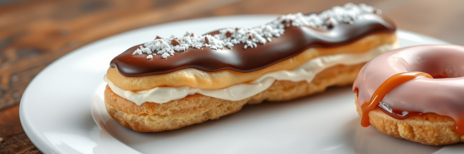 Gourmet pastries on a plate featuring chocolate eclair and a glazed donut